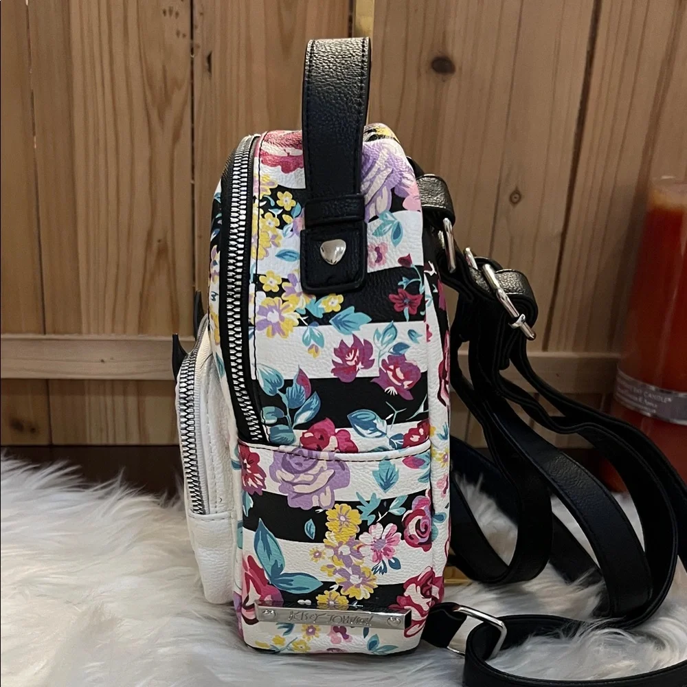 Betsey Johnson Black & White Striped Floral Mini Backpack with Pink Cat Accent